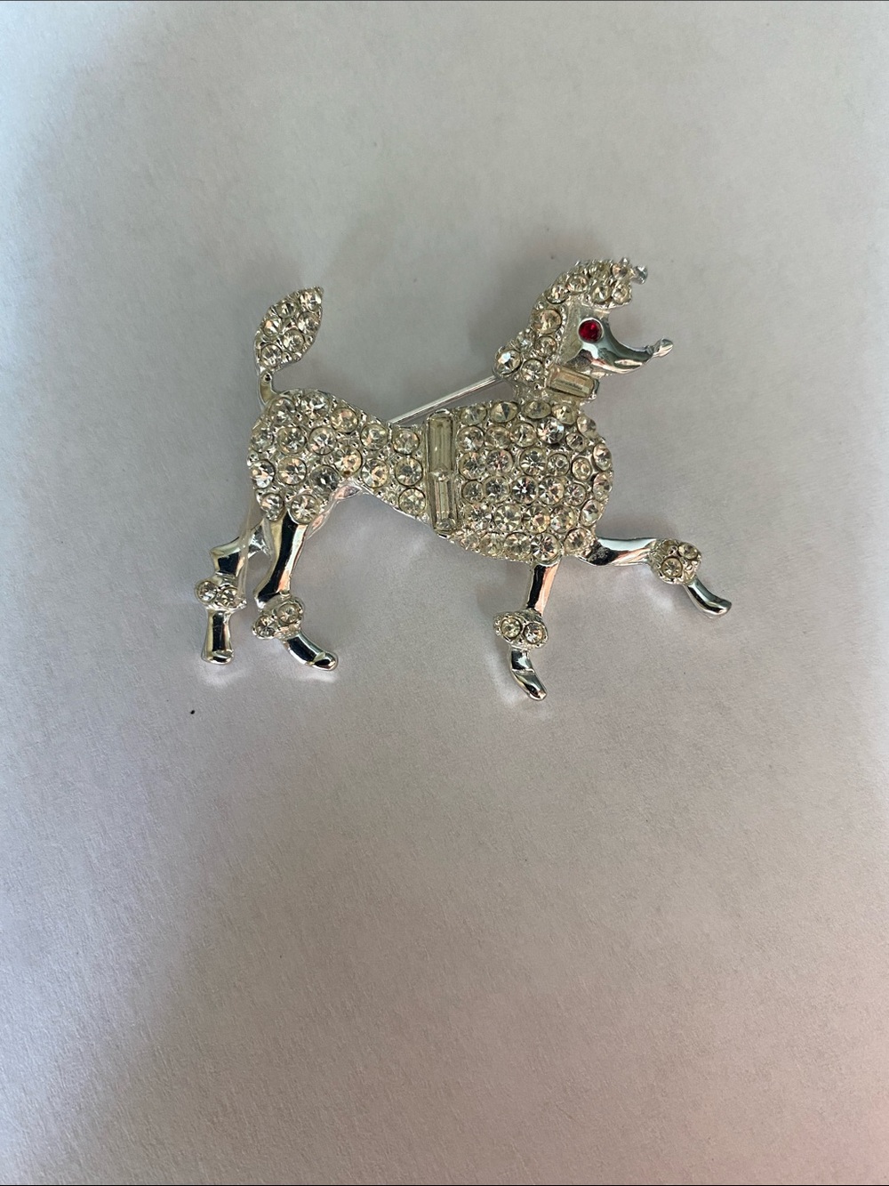 Vintage Silver Crystal Poodle Dog Brooch Pin Costume Jewelry